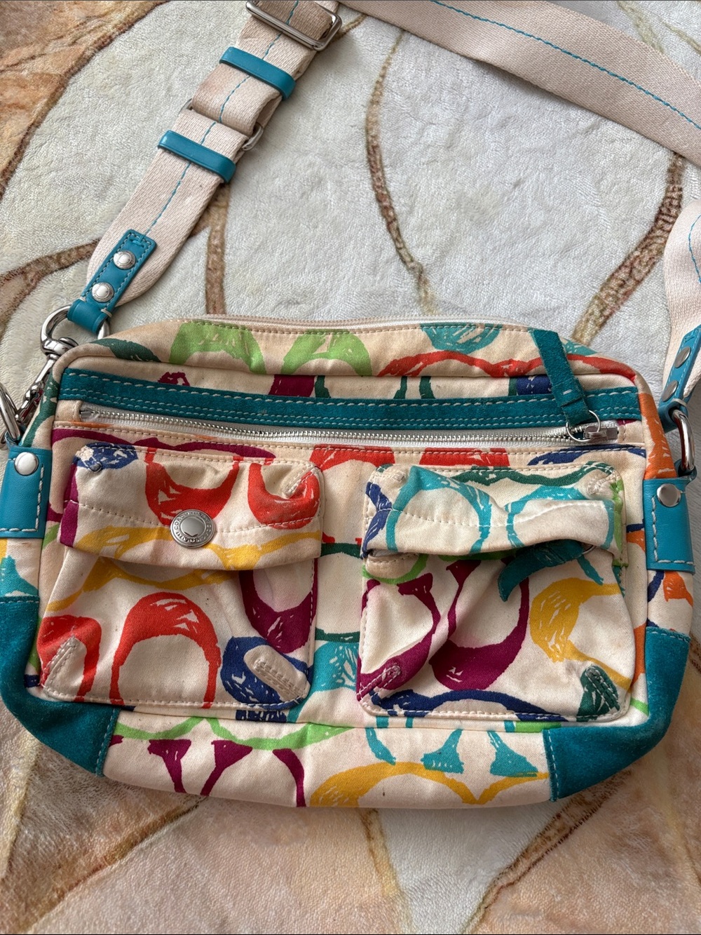 Coach Multicolor Canvas Crossbody with Teal Trim